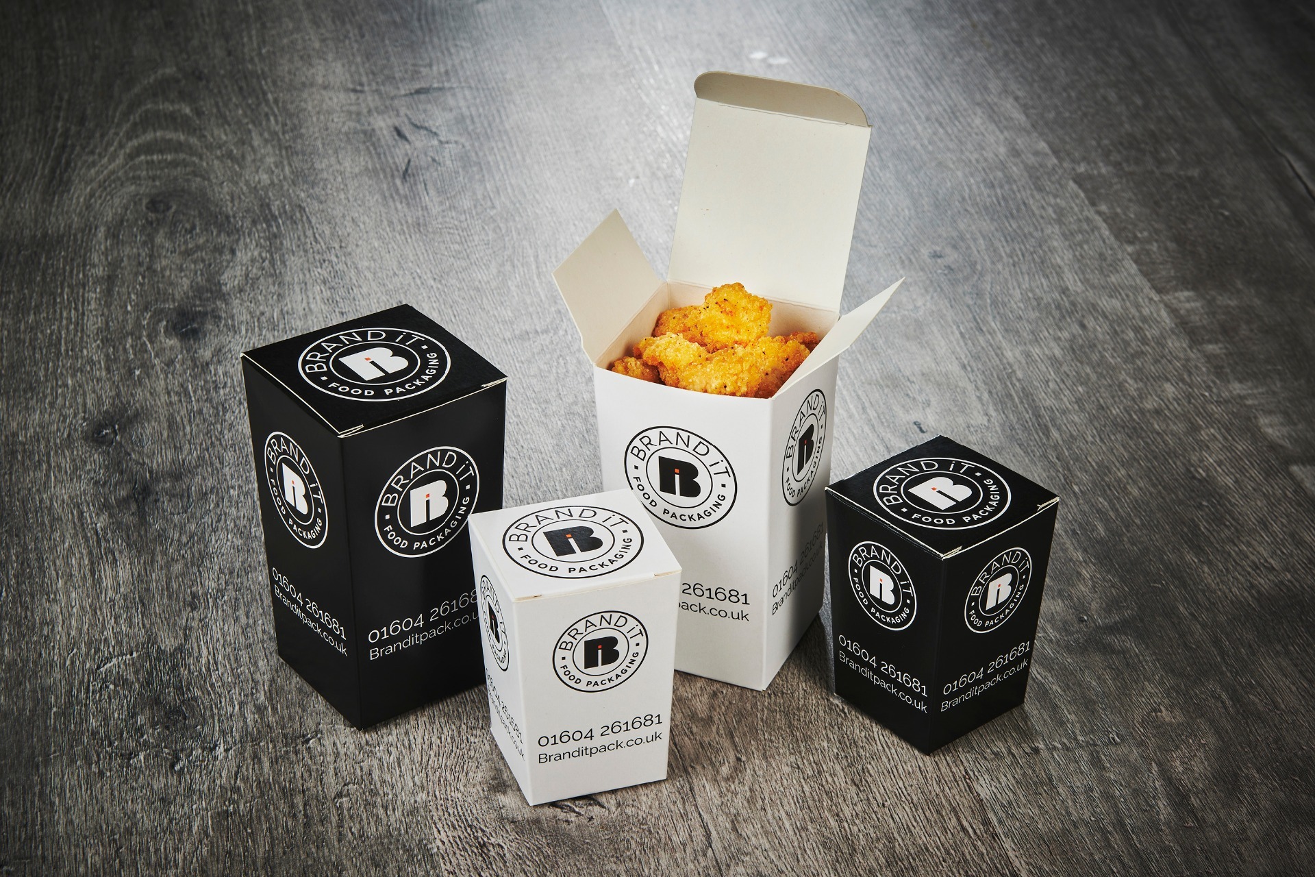 Branded flat pack popcorn chicken boxes